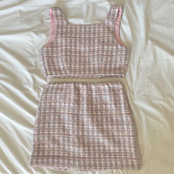 🌸 NWT HOUSE OF HARLOW PINK METALLIC SPARKLE TWEED BOUCLE COORD SKIRT TOP… - Picture 2 of 13